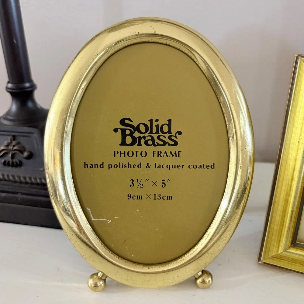 Vintage Picture Frame Set Solid Brass Oval 3.5x5 & Malden Gold Wood 2.5x3.5